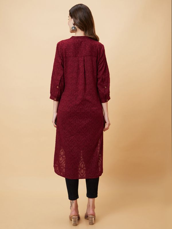 Globus Women Wine Woven Design Jacquard High Low Fusion Straight Kurta