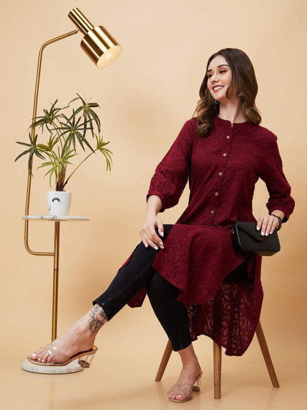 Globus Women Wine Woven Design Jacquard High Low Fusion Straight Kurta