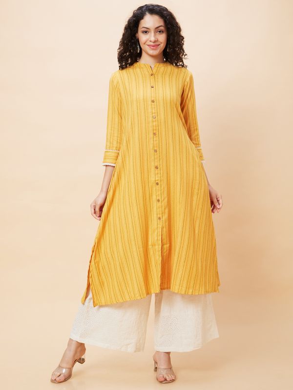 Globus Women Yellow Striped Mandarin Collar Yarn Dyed Casual A-Line Kurta