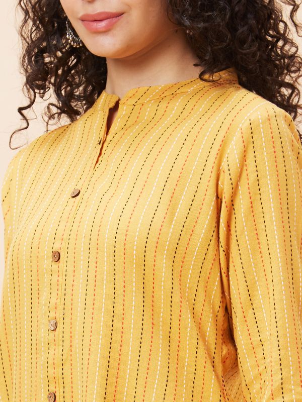 Globus Women Yellow Striped Mandarin Collar Yarn Dyed Casual A-Line Kurta