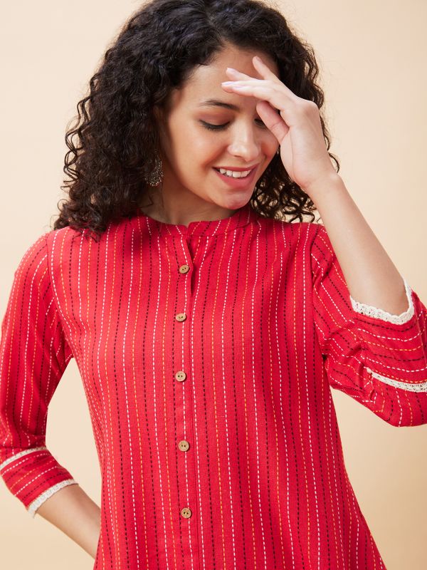Globus Women Red Striped Mandarin Collar Yarn Dyed Casual A-Line Kurta