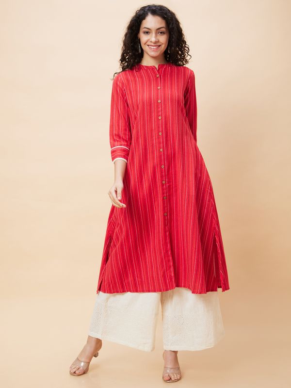 Globus Women Red Striped Mandarin Collar Yarn Dyed Casual A-Line Kurta