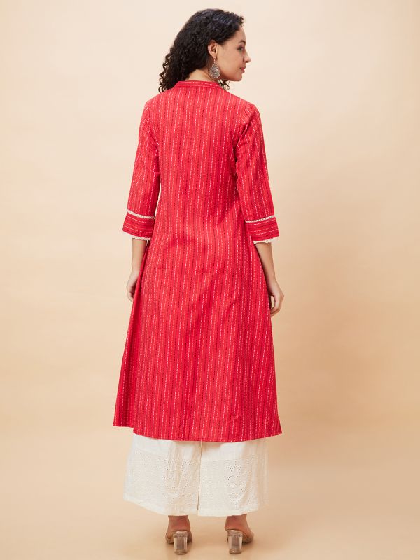 Globus Women Red Striped Mandarin Collar Yarn Dyed Casual A-Line Kurta