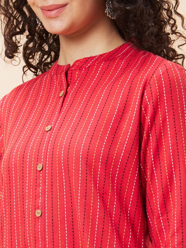 Globus Women Red Striped Mandarin Collar Yarn Dyed Casual A-Line Kurta