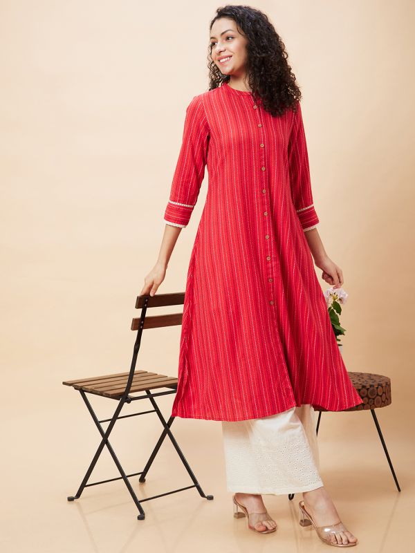 Globus Women Red Striped Mandarin Collar Yarn Dyed Casual A-Line Kurta