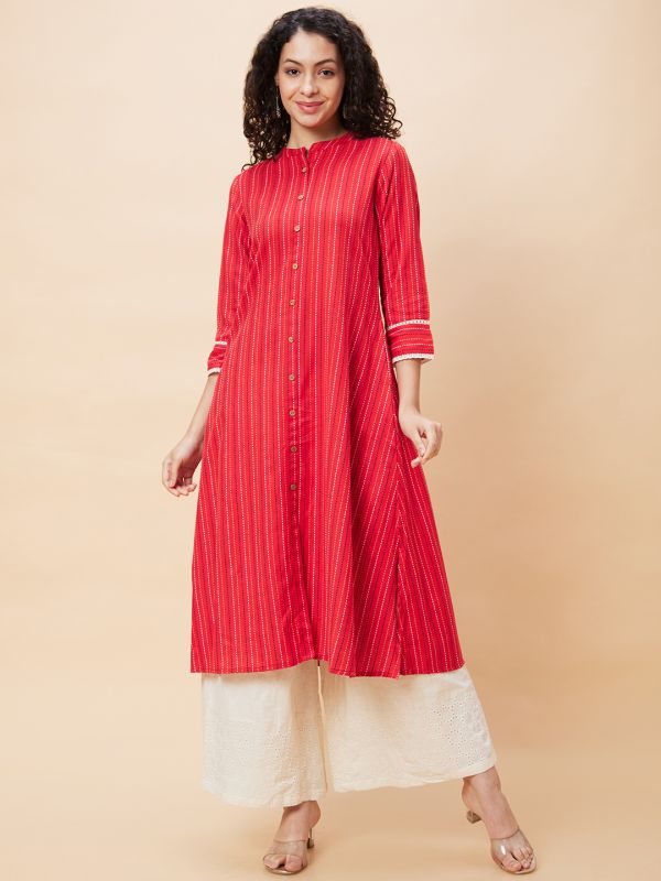 Globus Women Red Striped Mandarin Collar Yarn Dyed Casual A-Line Kurta