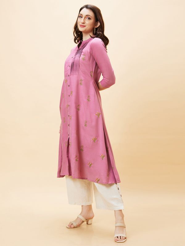 Globus Women Mauve Floral Embroidered Mandarin Collar Pleated A-Line Kurta