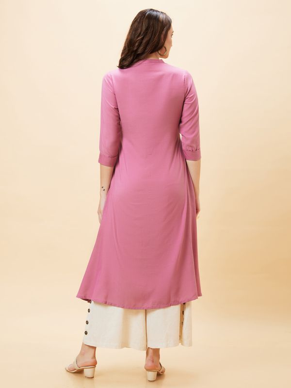 Globus Women Mauve Floral Embroidered Mandarin Collar Pleated A-Line Kurta