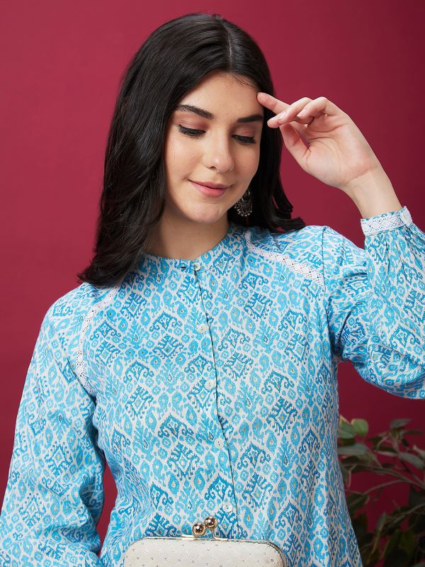 Globus Women Off White Casual Lace Detailed Mandarin Collar Ethnic Kurta