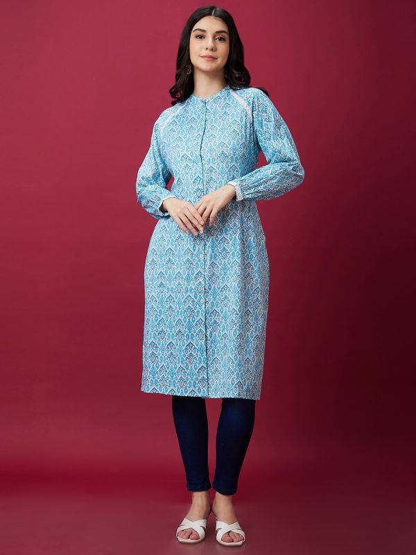 Globus Women Off White Casual Lace Detailed Mandarin Collar Ethnic Kurta