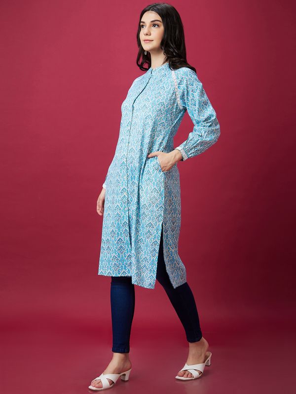 Globus Women Off White Casual Lace Detailed Mandarin Collar Ethnic Kurta