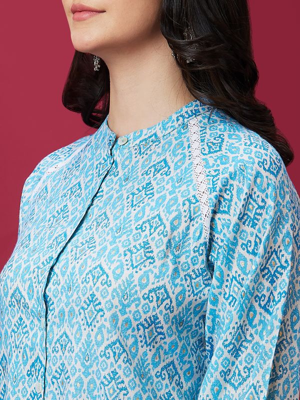 Globus Women Off White Casual Lace Detailed Mandarin Collar Ethnic Kurta