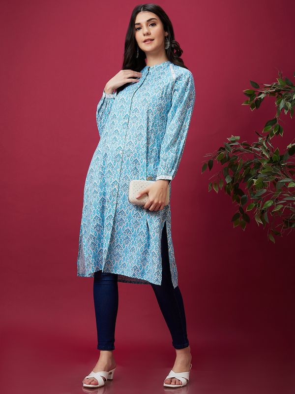 Globus Women Off White Casual Lace Detailed Mandarin Collar Ethnic Kurta