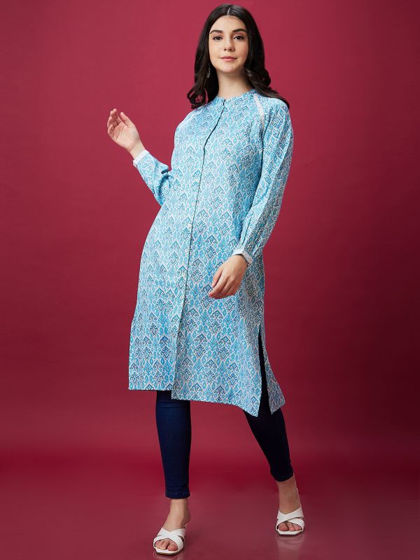 Globus Women Off White Casual Lace Detailed Mandarin Collar Ethnic Kurta