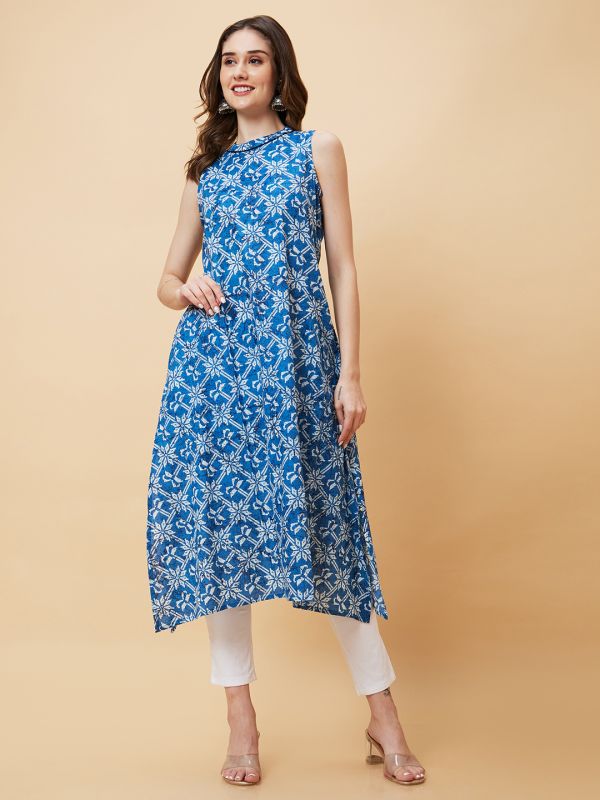 Globus Women Blue Ethnic Motifs Print Band Collar Detailing A-Line Fusion Kurta