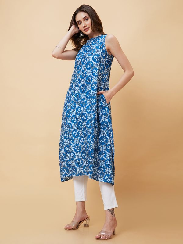 Globus Women Blue Ethnic Motifs Print Band Collar Detailing A-Line Fusion Kurta