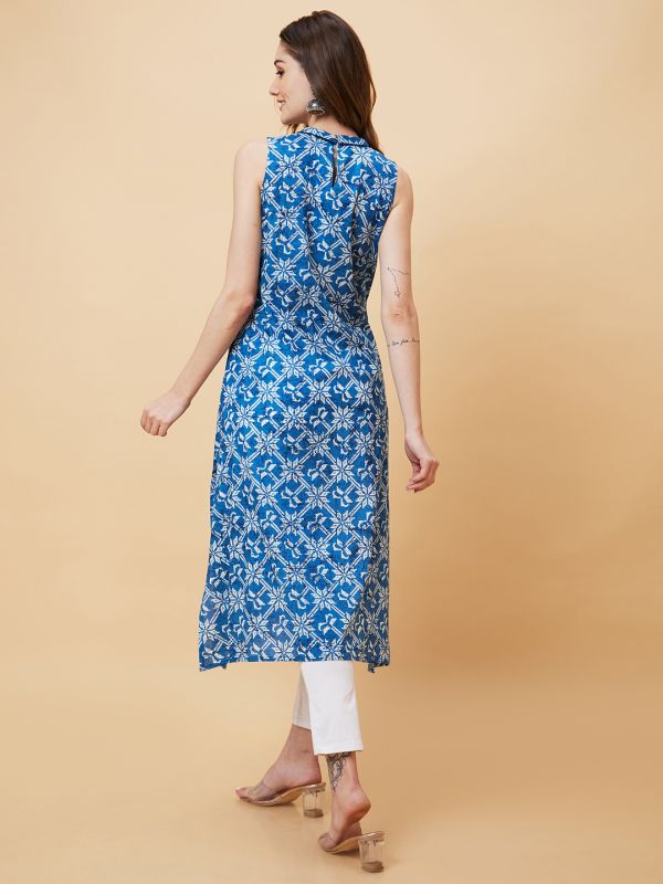 Globus Women Blue Ethnic Motifs Print Band Collar Detailing A-Line Fusion Kurta
