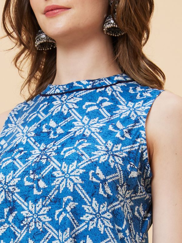 Globus Women Blue Ethnic Motifs Print Band Collar Detailing A-Line Fusion Kurta