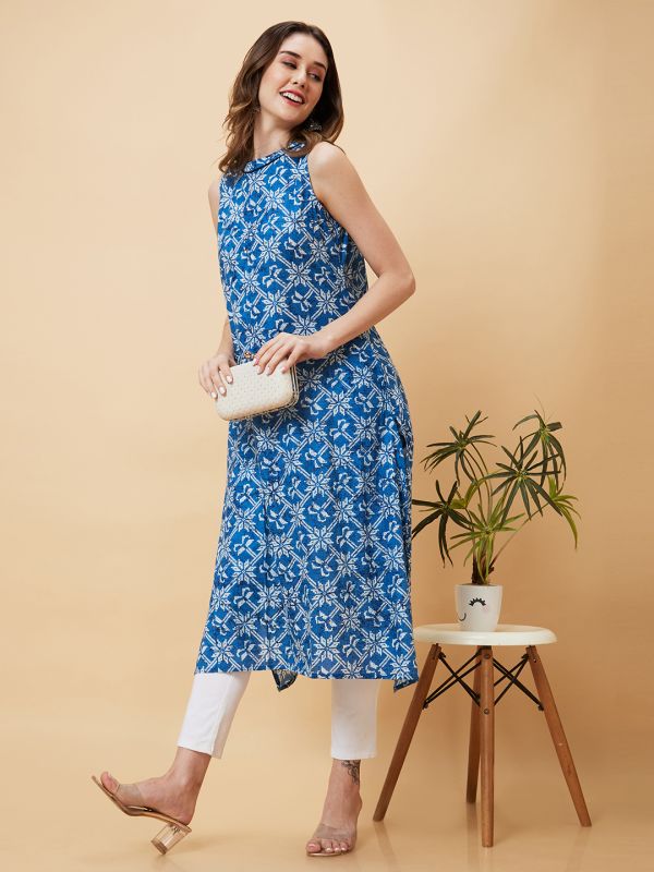 Globus Women Blue Ethnic Motifs Print Band Collar Detailing A-Line Fusion Kurta