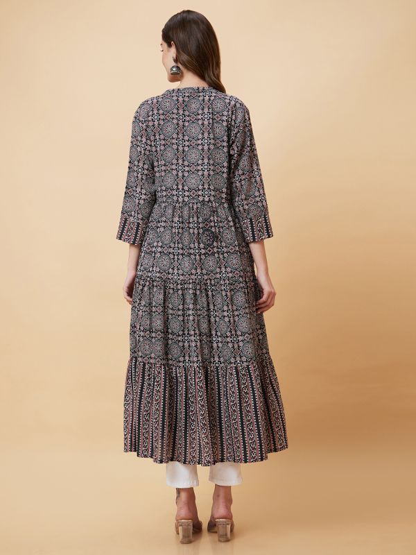 Globus Women Black Printed Layering Flared A-Line Kurta