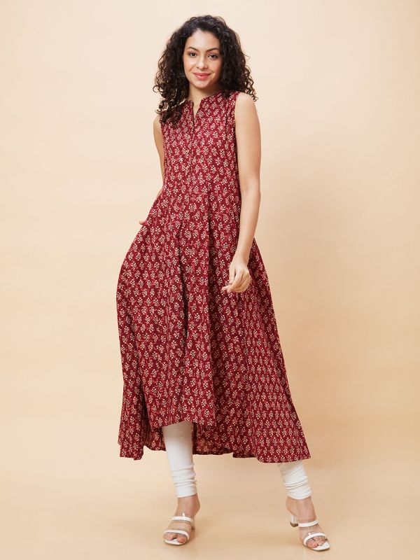 Globus Women Red Ethnic Motifs Print Mandarin Collar Sleeveless A-Line Kurta with Sequinned Highlight