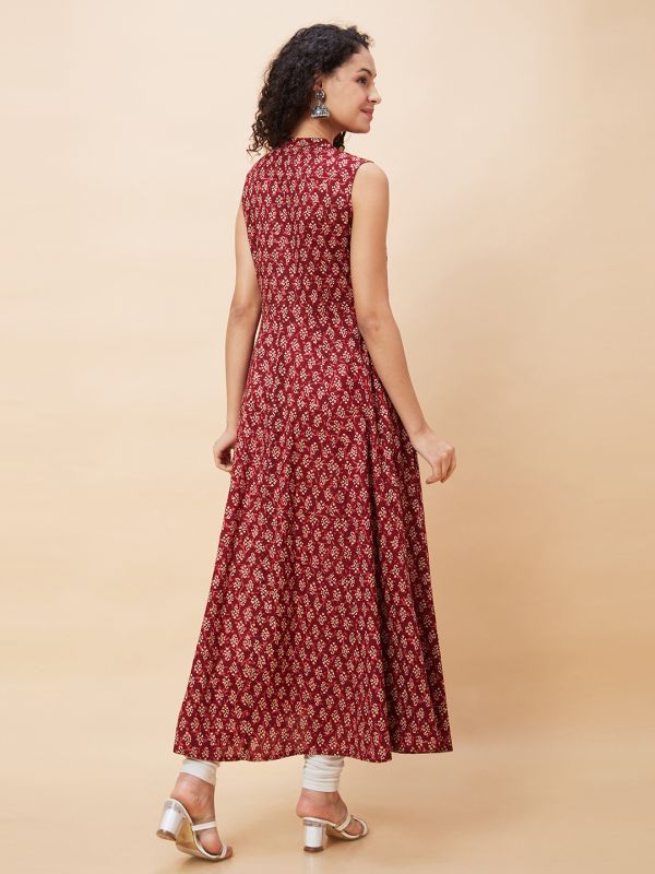 Globus Women Red Ethnic Motifs Print Mandarin Collar Sleeveless A-Line Kurta with Sequinned Highlight