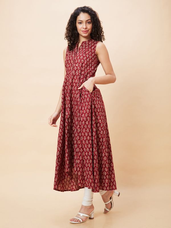 Globus Women Red Ethnic Motifs Print Mandarin Collar Sleeveless A-Line Kurta with Sequinned Highlight