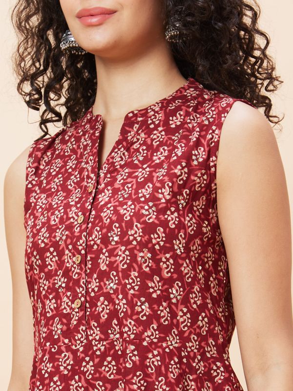 Globus Women Red Ethnic Motifs Print Mandarin Collar Sleeveless A-Line Kurta with Sequinned Highlight
