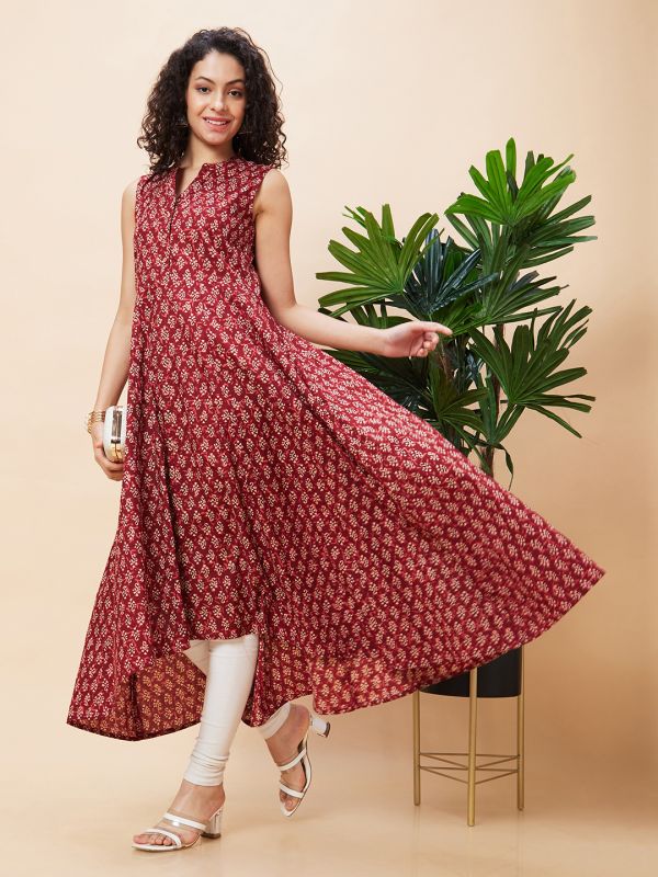 Globus Women Red Ethnic Motifs Print Mandarin Collar Sleeveless A-Line Kurta with Sequinned Highlight