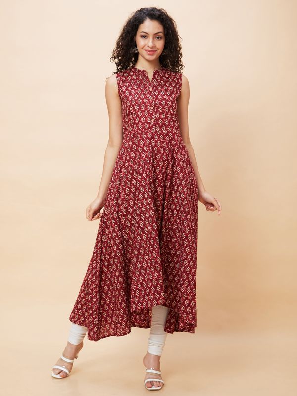 Globus Women Red Ethnic Motifs Print Mandarin Collar Sleeveless A-Line Kurta with Sequinned Highlight