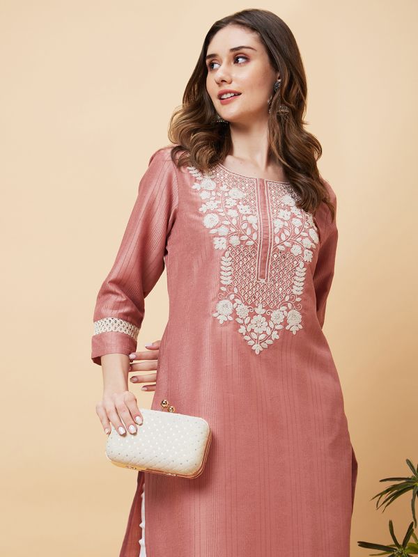 Globus Women Pink Floral Embroidered Yoke Striped Side Slits A-Line Kurta