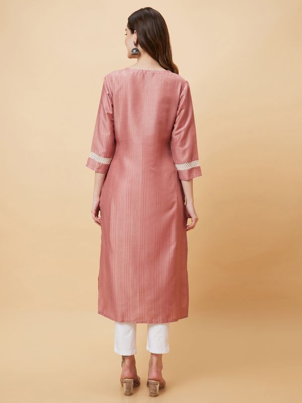 Globus Women Pink Floral Embroidered Yoke Striped Side Slits A-Line Kurta