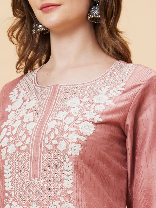 Globus Women Pink Floral Embroidered Yoke Striped Side Slits A-Line Kurta