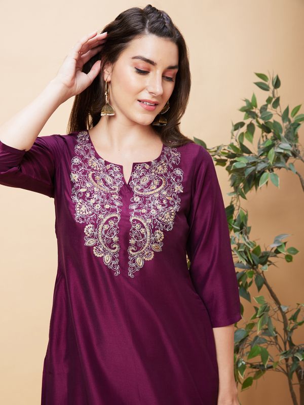 Globus Women Wine Yoke Embroidered Round Neck Straight Kurta