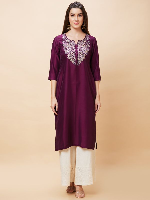Globus Women Wine Yoke Embroidered Round Neck Straight Kurta