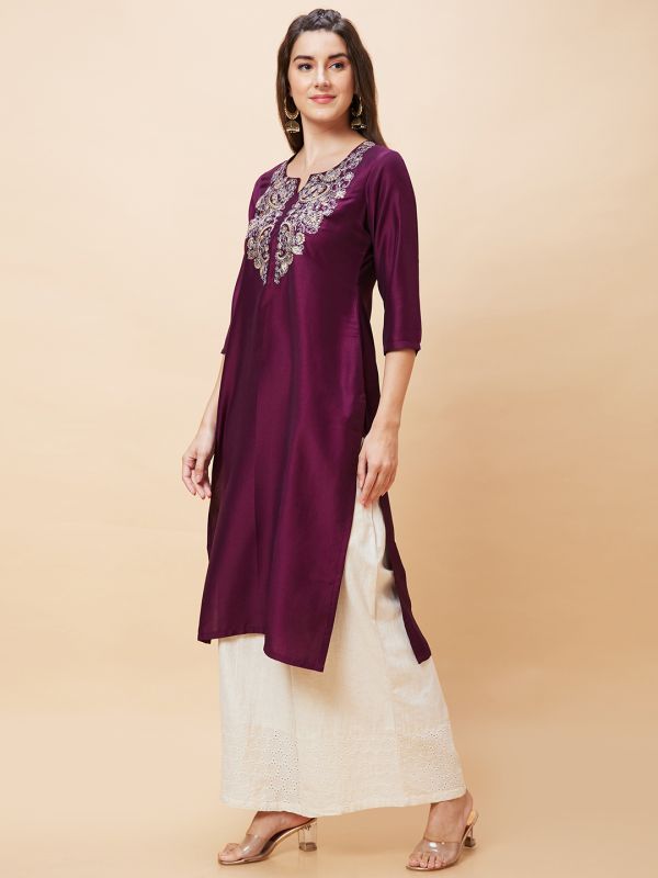 Globus Women Wine Yoke Embroidered Round Neck Straight Kurta