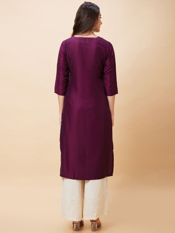 Globus Women Wine Yoke Embroidered Round Neck Straight Kurta