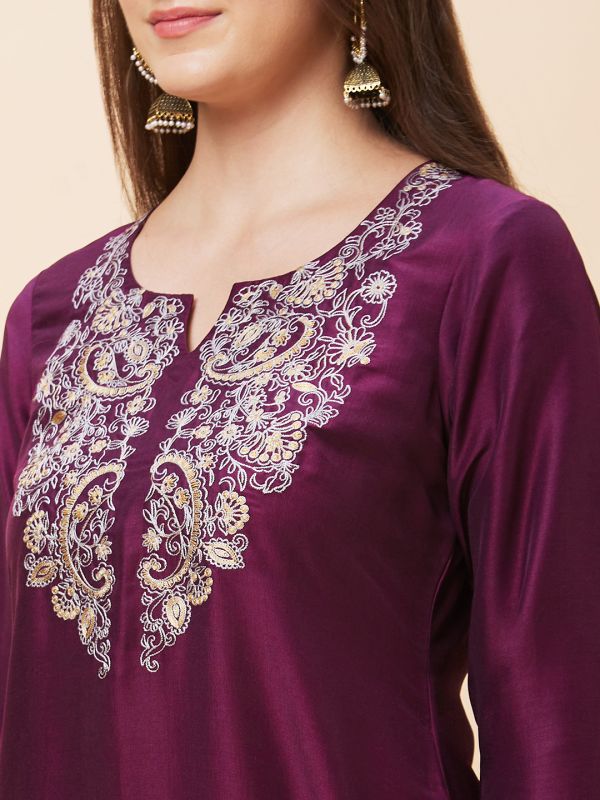 Globus Women Wine Yoke Embroidered Round Neck Straight Kurta