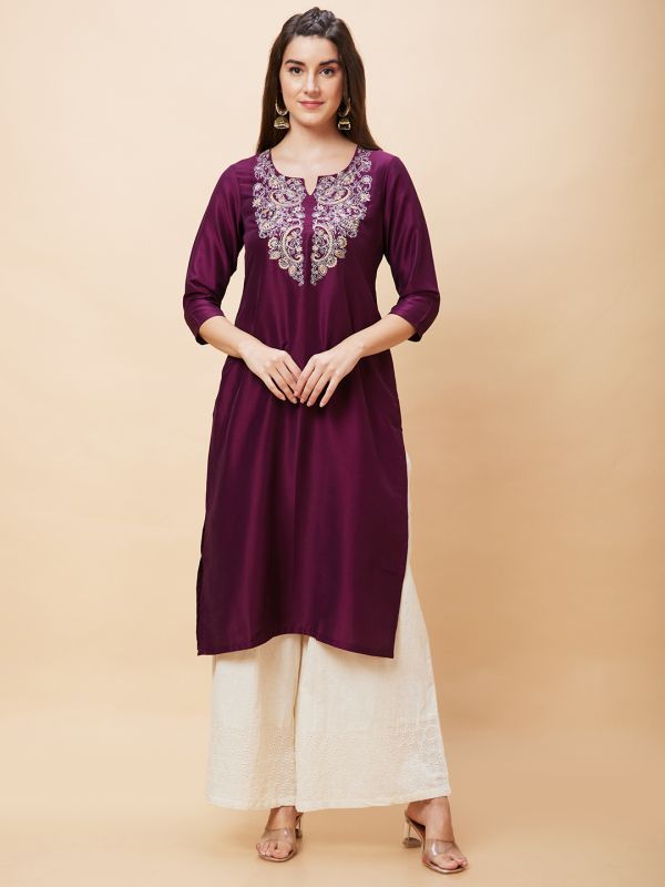 Globus Women Wine Yoke Embroidered Round Neck Straight Kurta