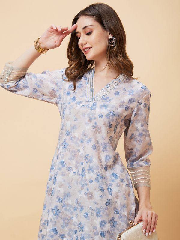 Globus Women Blue Floral Print Lace Detailing Overlapping Neckline Straight Kurta