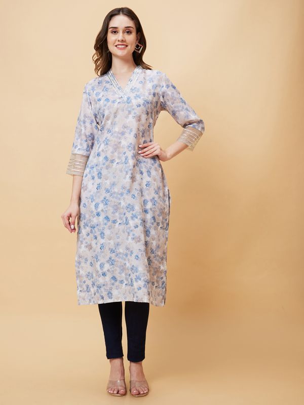 Globus Women Blue Floral Print Lace Detailing Overlapping Neckline Straight Kurta