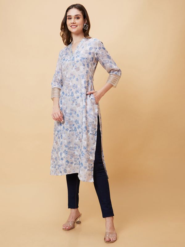 Globus Women Blue Floral Print Lace Detailing Overlapping Neckline Straight Kurta