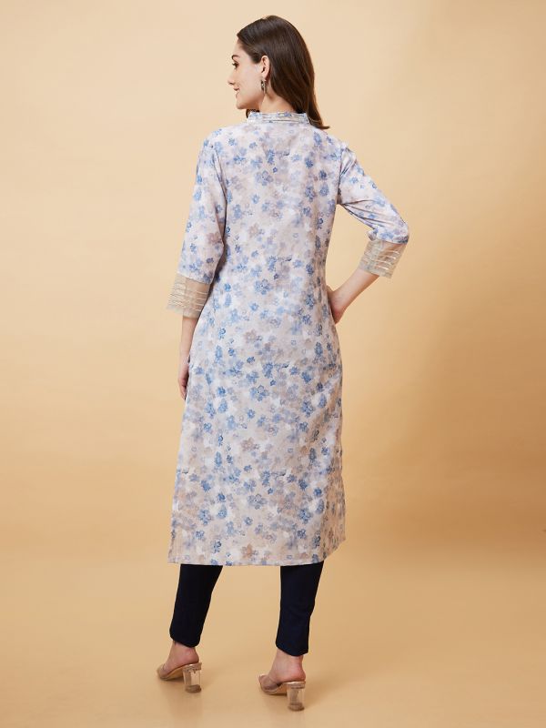 Globus Women Blue Floral Print Lace Detailing Overlapping Neckline Straight Kurta