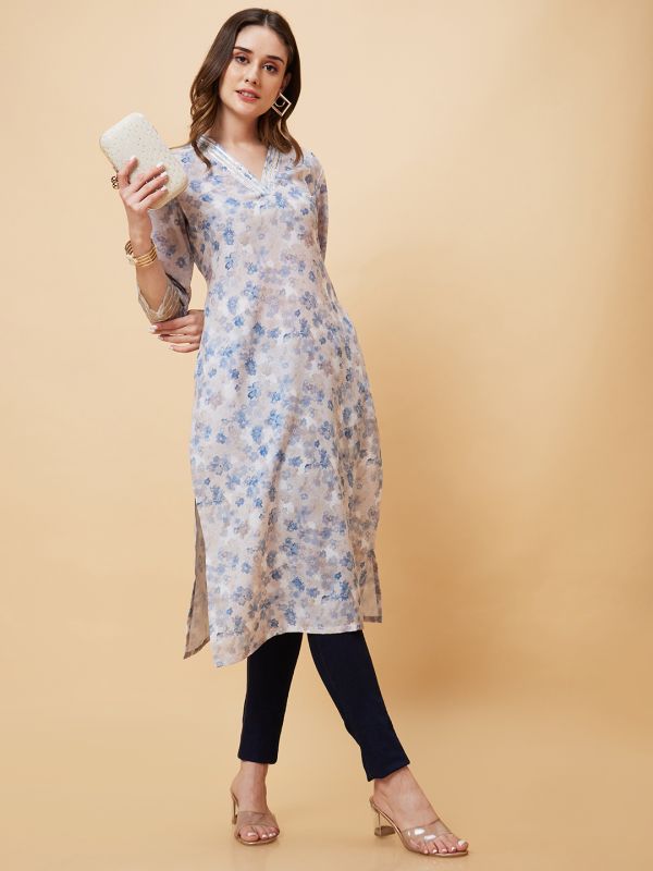 Globus Women Blue Floral Print Lace Detailing Overlapping Neckline Straight Kurta