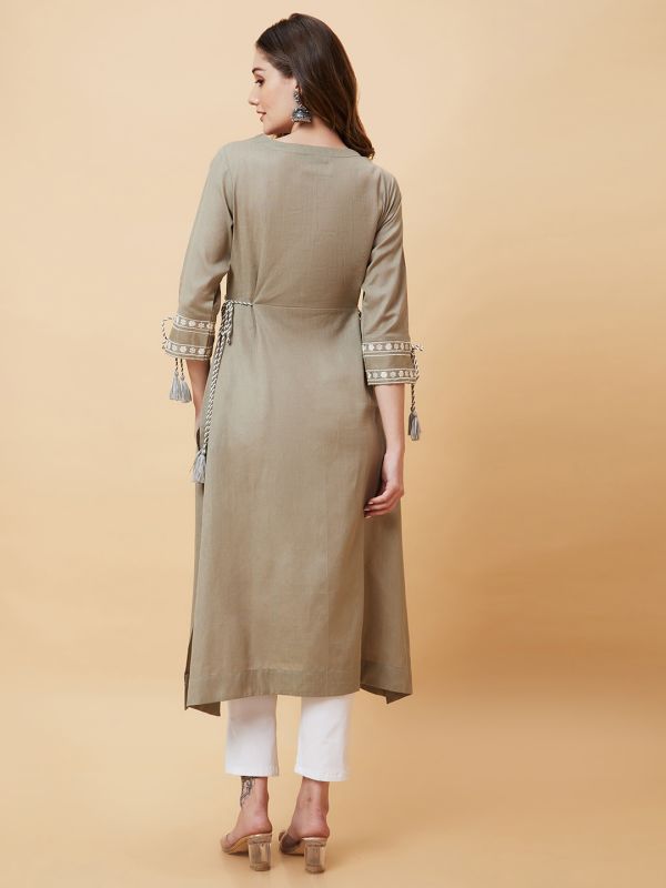 Globus Women Olive Solid Pleat Detailing A-Line Fusion Kurta