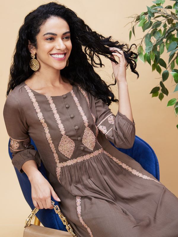 Globus Women Taupe Embroidered Round Neck Panelled A-Line Kurta