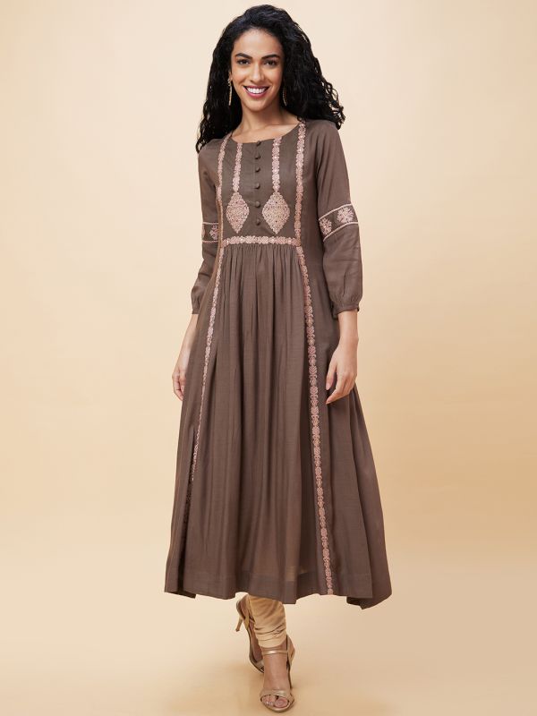 Globus Women Taupe Embroidered Round Neck Panelled A-Line Kurta