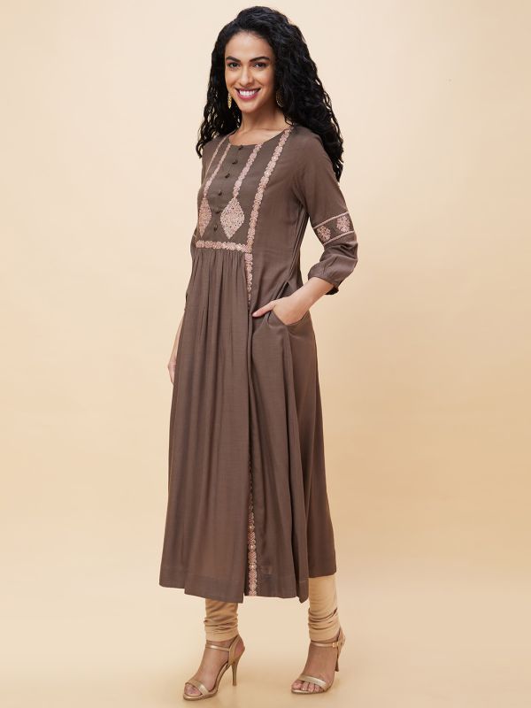 Globus Women Taupe Embroidered Round Neck Panelled A-Line Kurta