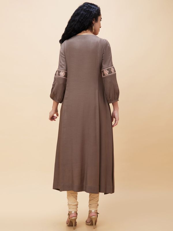 Globus Women Taupe Embroidered Round Neck Panelled A-Line Kurta