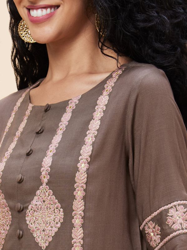 Globus Women Taupe Embroidered Round Neck Panelled A-Line Kurta
